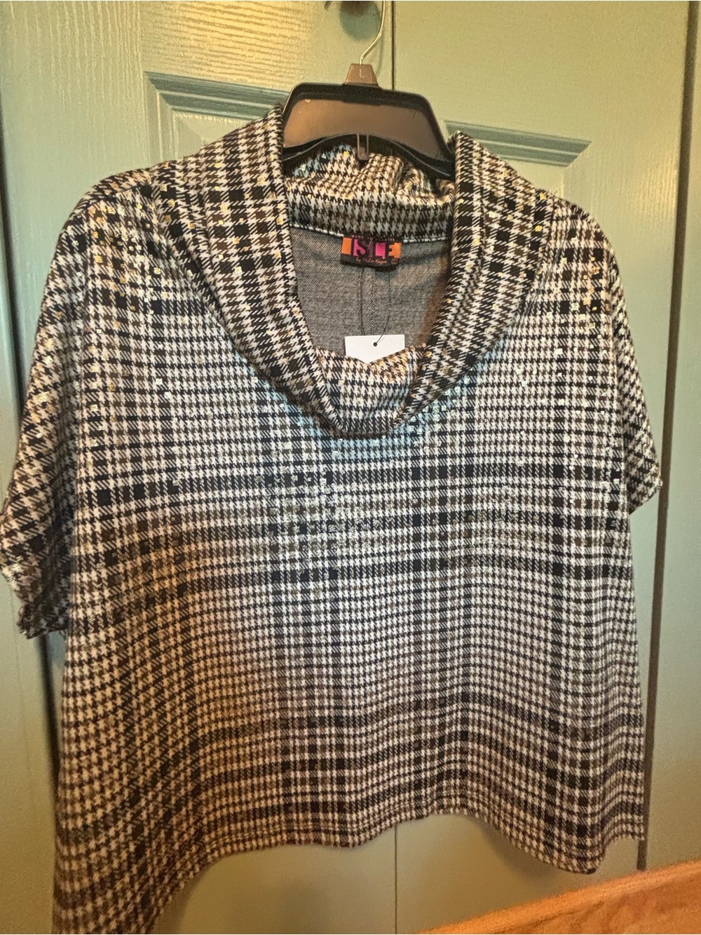ISLE Black & White Houndstooth Cowl Neck Top